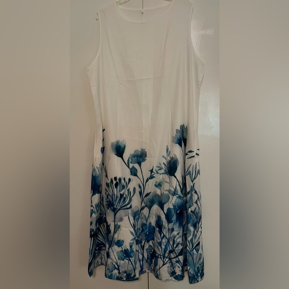White Sleeveless Dress with Blue Floral Print